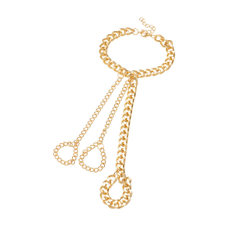 Gold chunky cuban chain bracelet with three chains running down the back of the hand to three chain finger loops