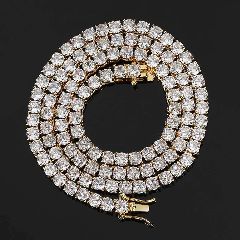 Tennis chain necklace fully lined with round cubic zirconia, shown coiled in gold-tone and silver-tone at widths from 3 to 6 millimeters