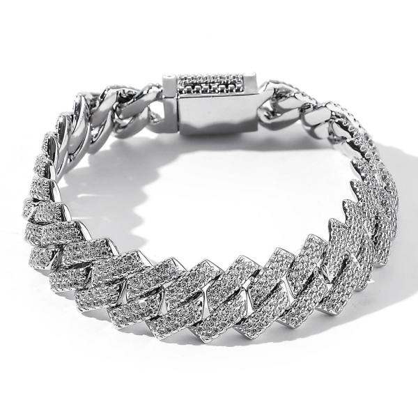 Heavy 14 mm cuban link chain fully iced with prong-set cubic zirconia, shown as a necklace and a bracelet in gold and silver tones