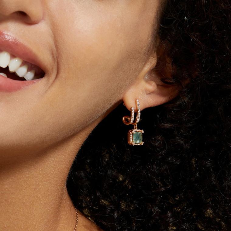Small pavé double-hoop earring with a square green moss agate drop in a pavé frame
