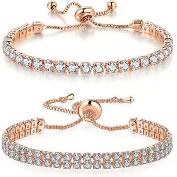 Adjustable pull-cord tennis bracelets with one or two rows of round cubic zirconia, in silver, gold and rose gold tones
