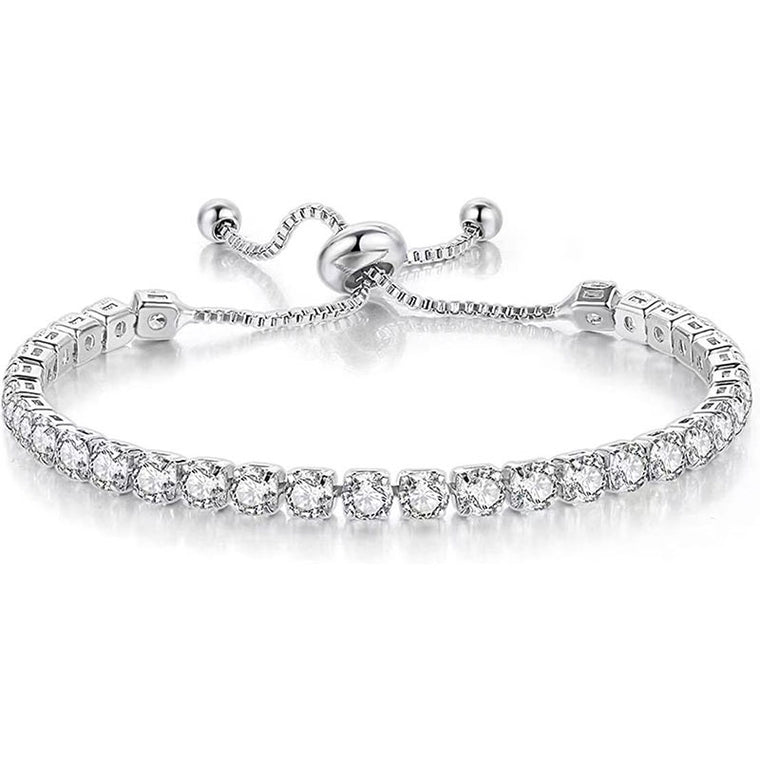 Adjustable pull-cord tennis bracelets with one or two rows of round cubic zirconia, in silver, gold and rose gold