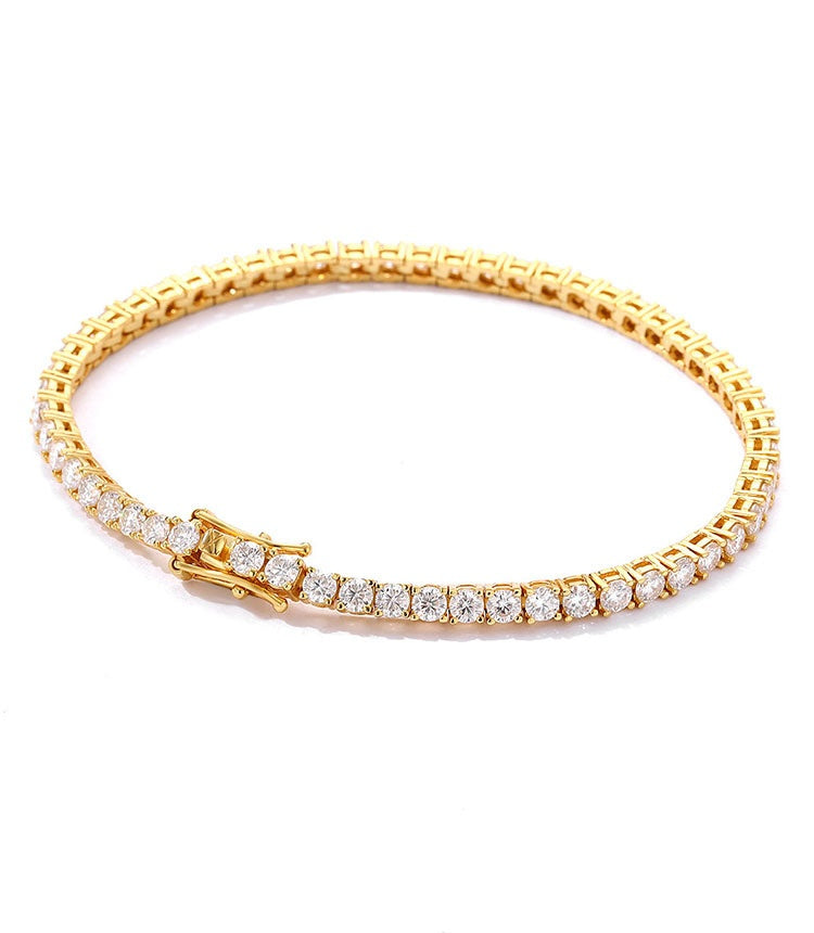 Tennis bracelet fully lined with round moissanite stones in a four-prong setting, shown in white gold, yellow gold and rose gold