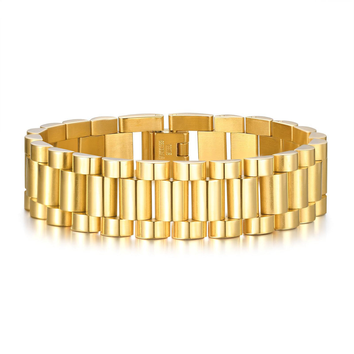 Five-row brick-link band bracelet with a fold-over clasp, shown in gold, in steel, and in two-tone steel and gold