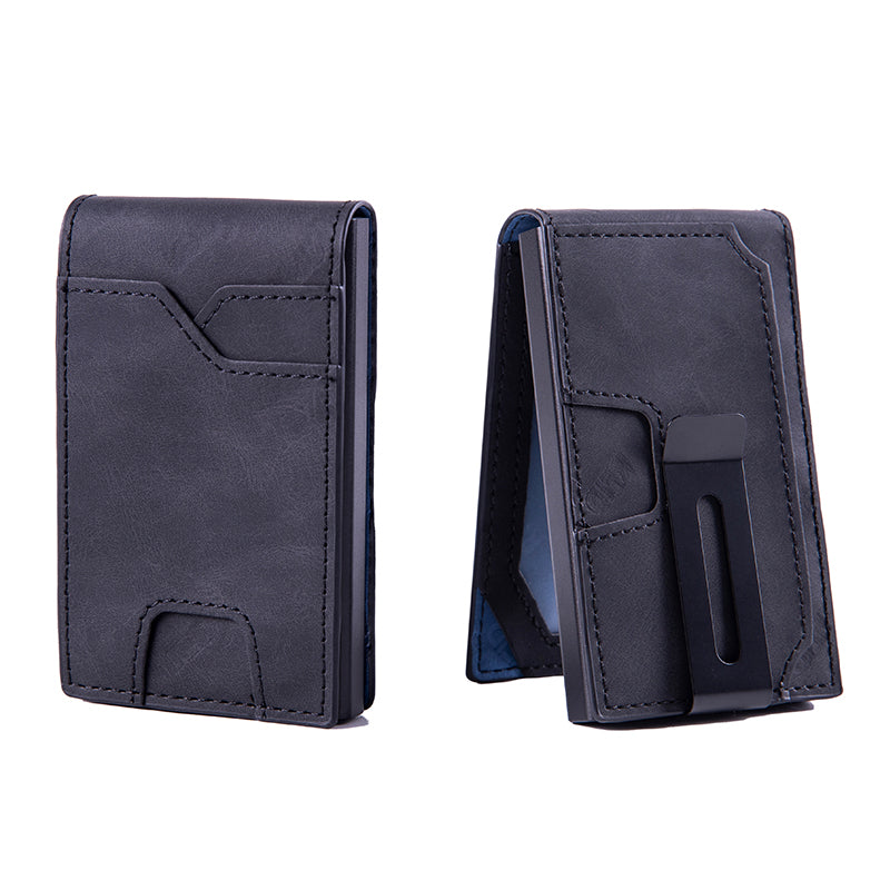 Slim card wallet in black, carbon black and light brown — card slots on the front and back, a money clip, and cards raised out of the aluminum case