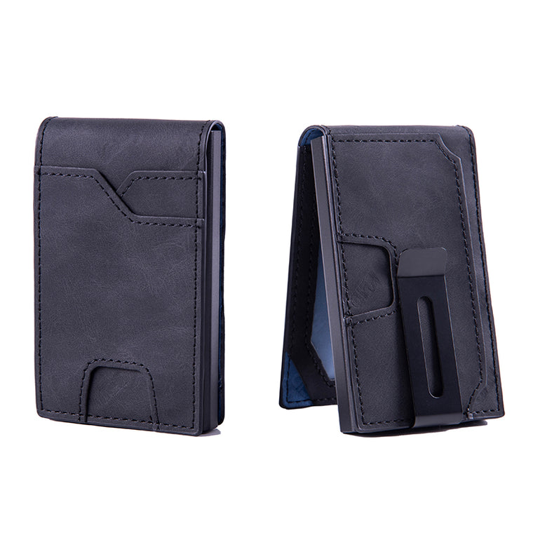 Slim card wallet in black, carbon black and light brown — card slots on the front and back, a money clip, and cards raised out of the aluminum case