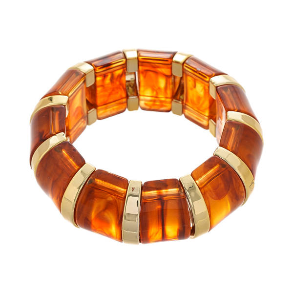 Chunky bangle of marbled acrylic segments separated by gold-tone metal spacers, shown in nine colors