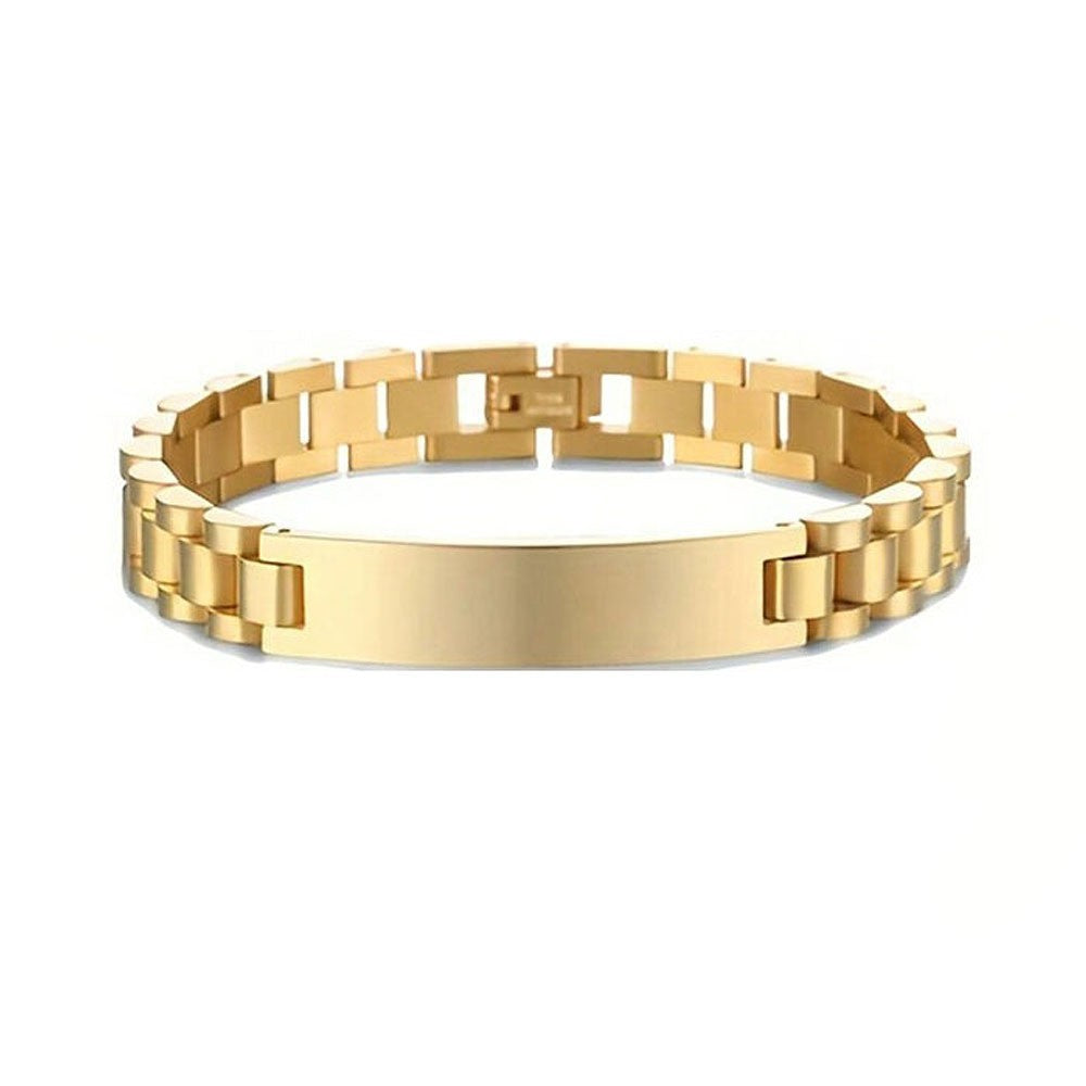 Link band bracelet with a wide blank polished bar across the front, shown in steel, gold, black, and two-tone steel and gold