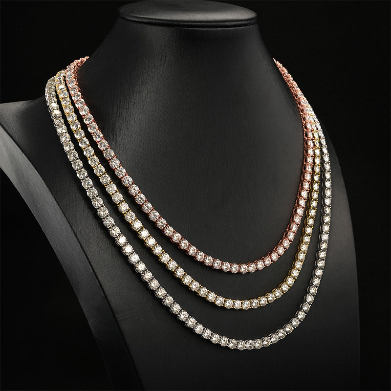 Single-row 4 mm lab-grown moissanite tennis necklace shown in white gold, gold and rose gold on a display bust